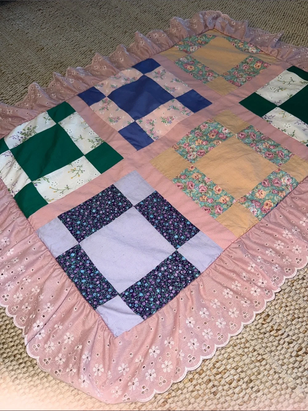 Handmade Pink Patchwork Quilted Pillowcase with Floral Accents